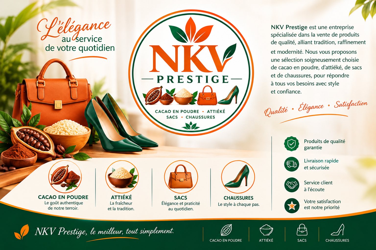 NKV Prestige, l’élégance au service de votre quotidien : cacao en poudre, attiéké, sacs et chaussures