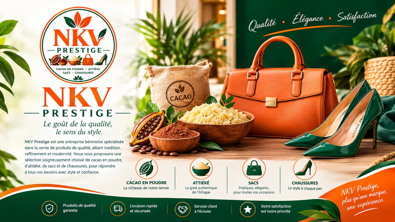 NKV Prestige : cacao, attiéké, sacs et chaussures — Qualité, élégance, satisfaction